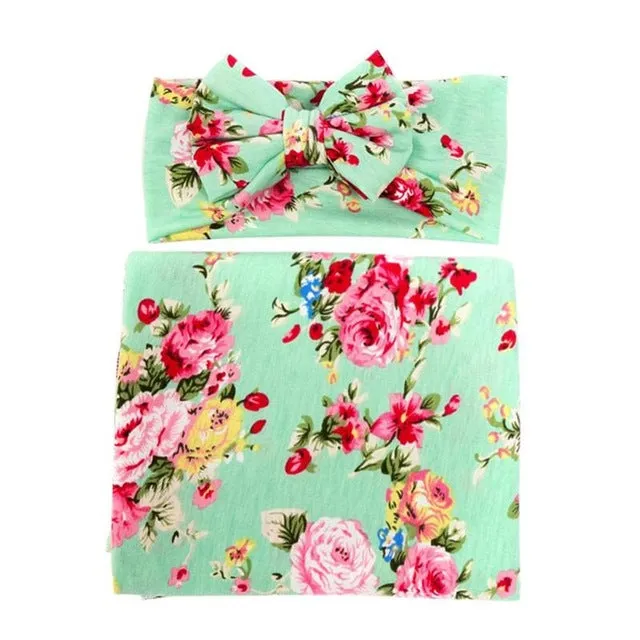 Newborn Baby Cute Flower Print Blanket Bowknot Headband Set Newborn Sleeping Swaddle Wrap Hairband Casual Accessories