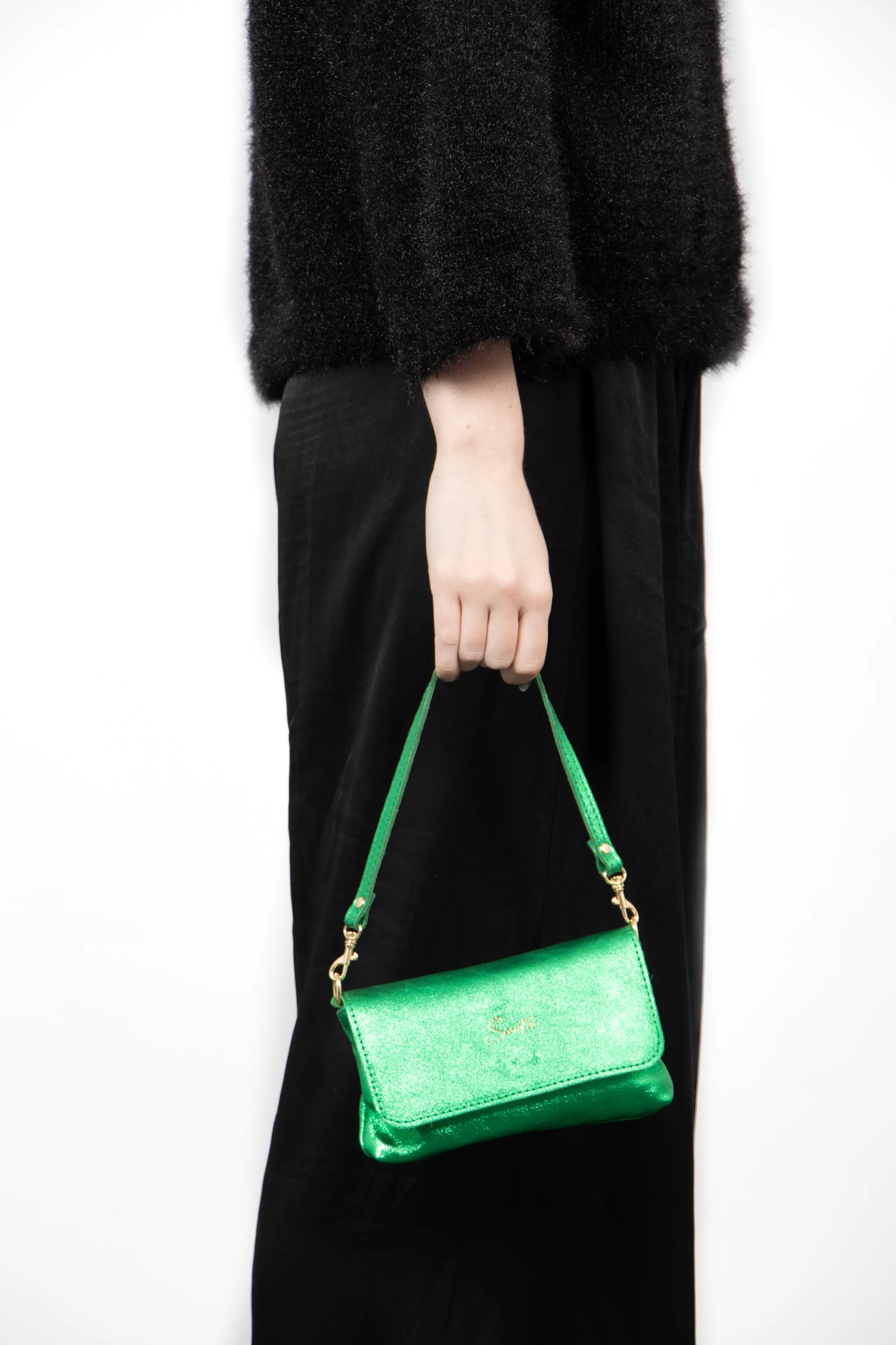 Olga - Italian Leather Mini Crossbody Bag - Bright Green, Metallic