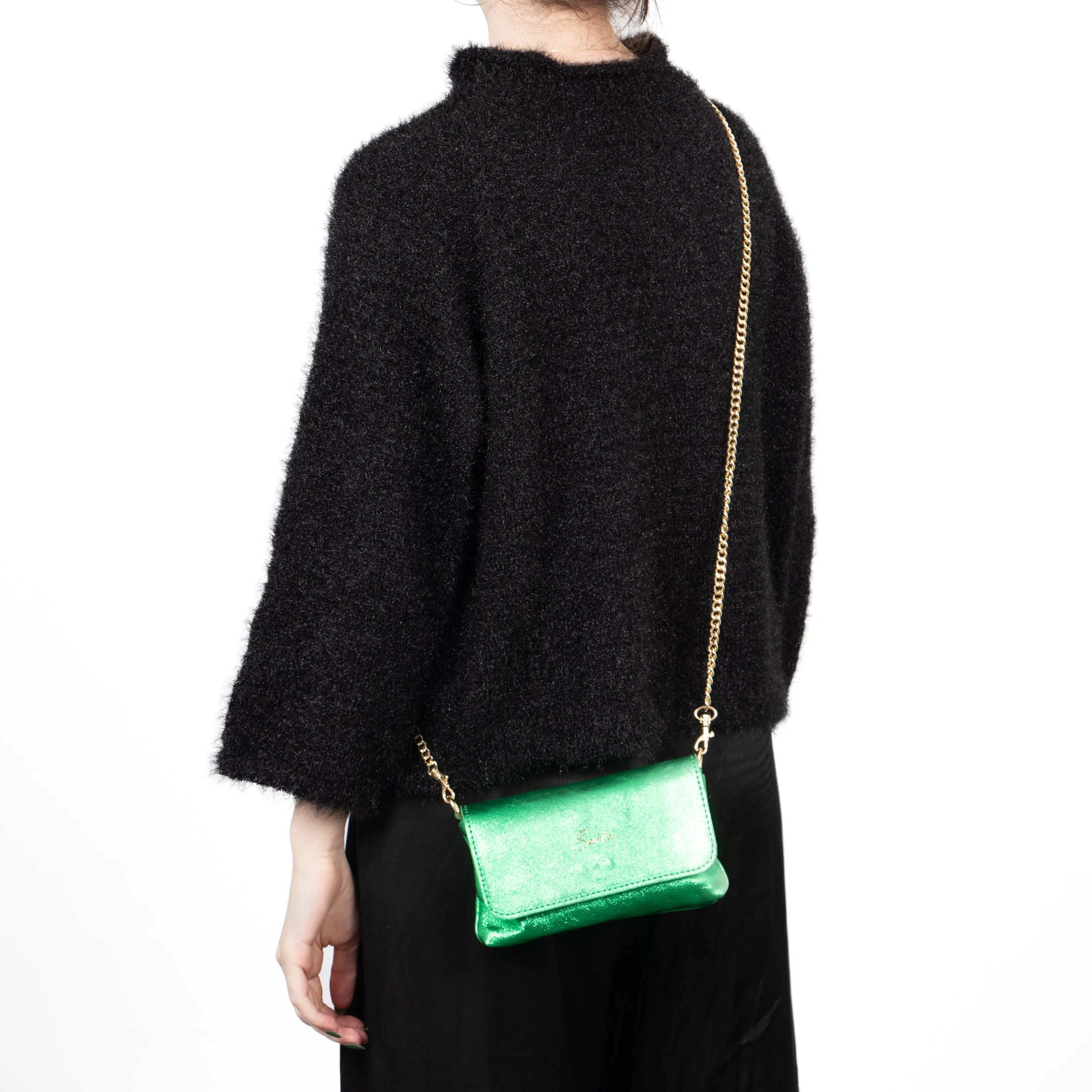 Olga - Italian Leather Mini Crossbody Bag - Bright Green, Metallic