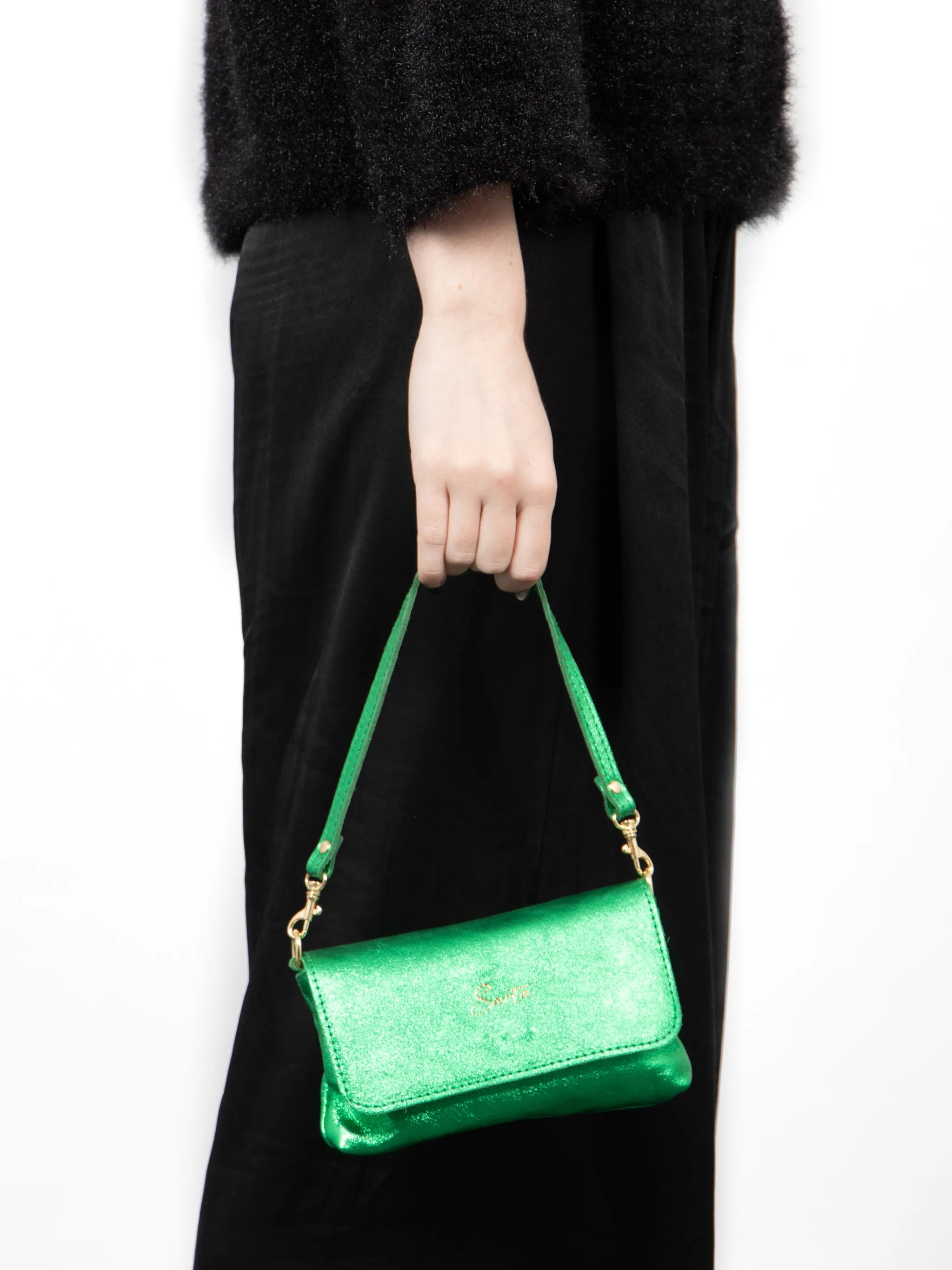 Olga - Italian Leather Mini Crossbody Bag - Bright Green, Metallic
