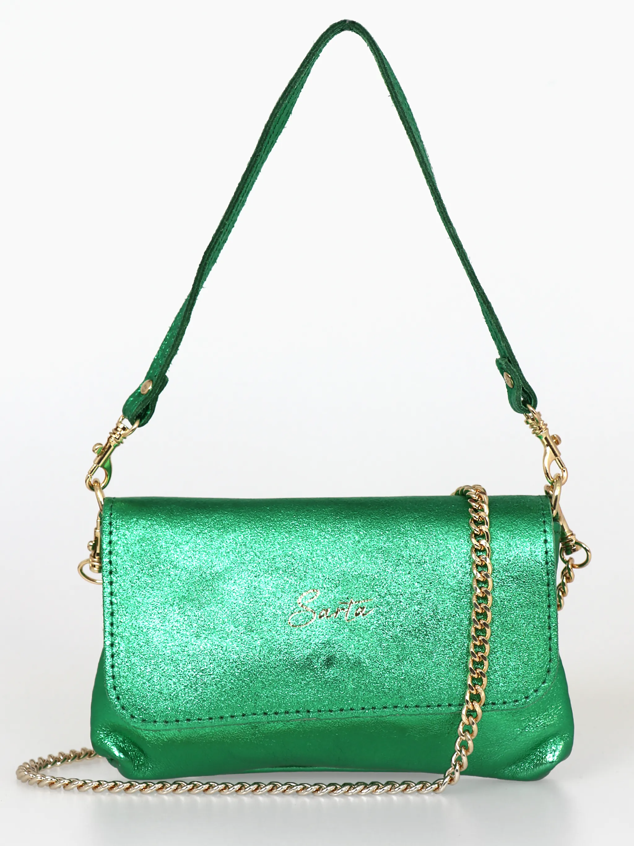 Olga - Italian Leather Mini Crossbody Bag - Bright Green, Metallic
