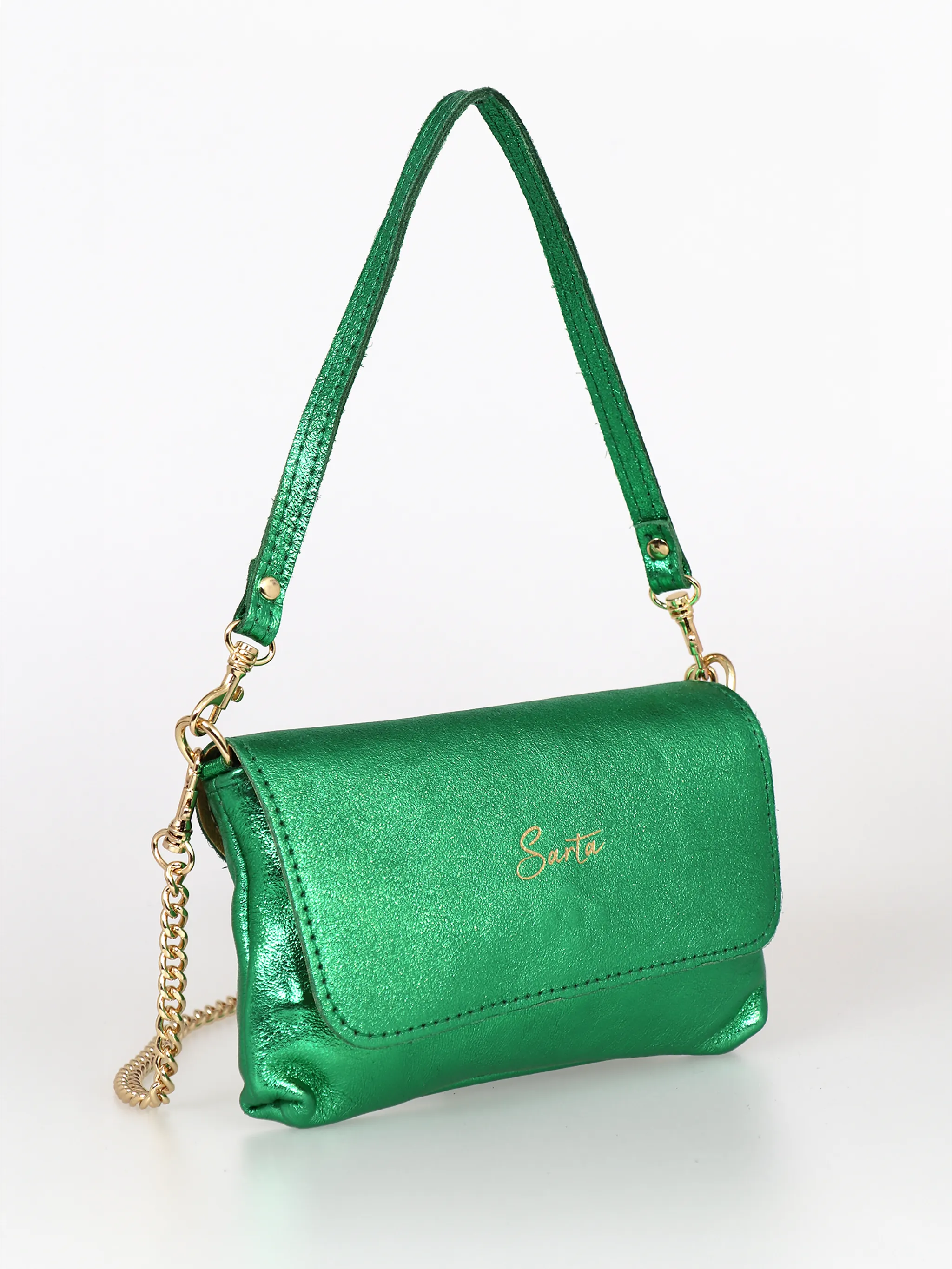 Olga - Italian Leather Mini Crossbody Bag - Bright Green, Metallic