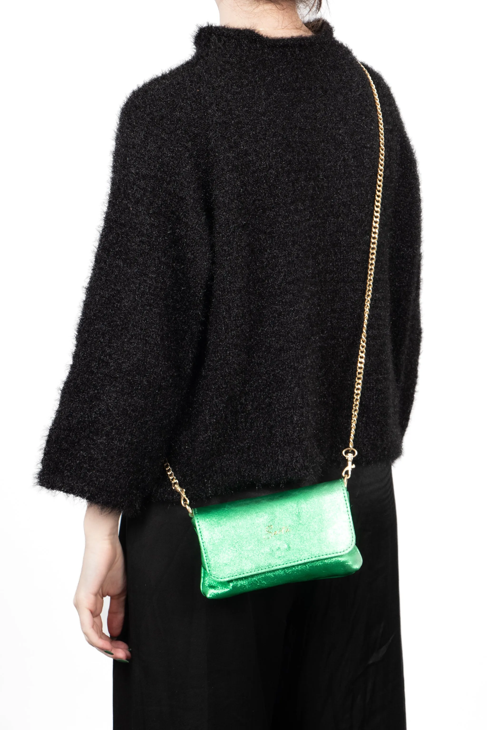 Olga - Italian Leather Mini Crossbody Bag - Bright Green, Metallic