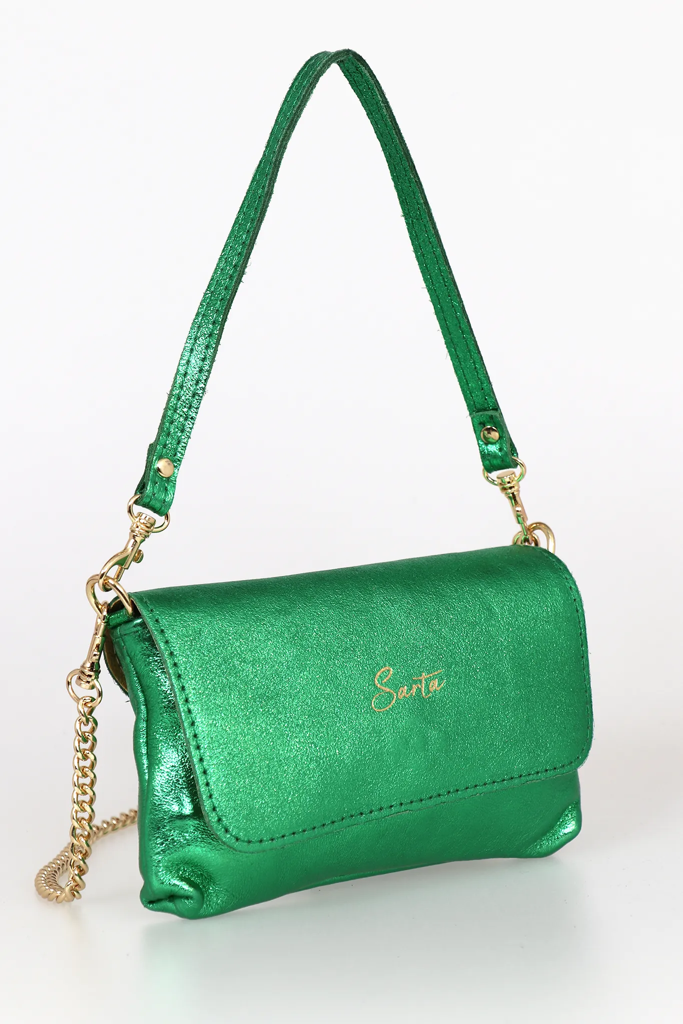 Olga - Italian Leather Mini Crossbody Bag - Bright Green, Metallic