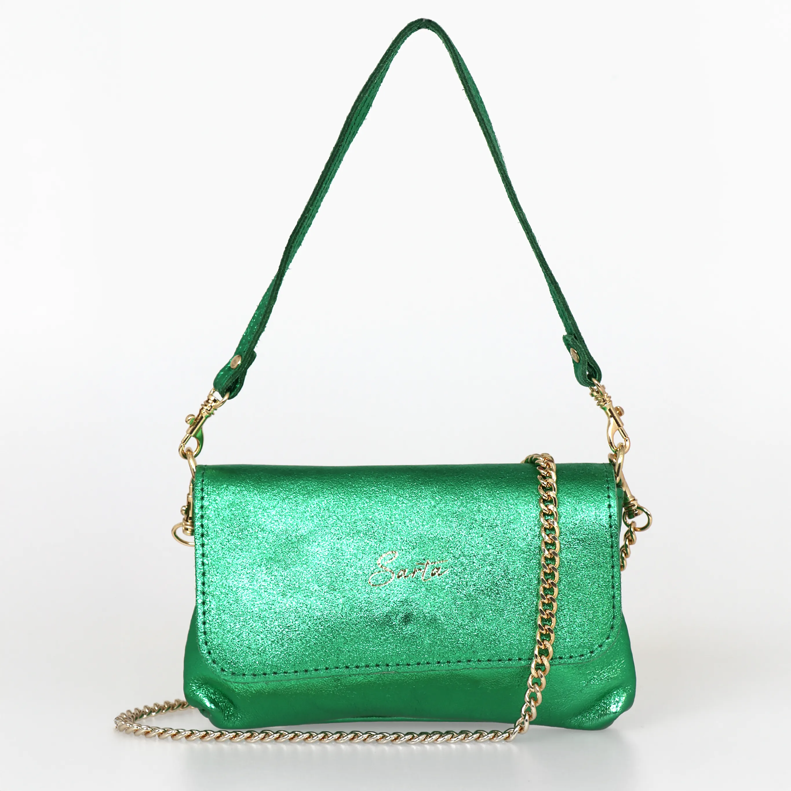 Olga - Italian Leather Mini Crossbody Bag - Bright Green, Metallic