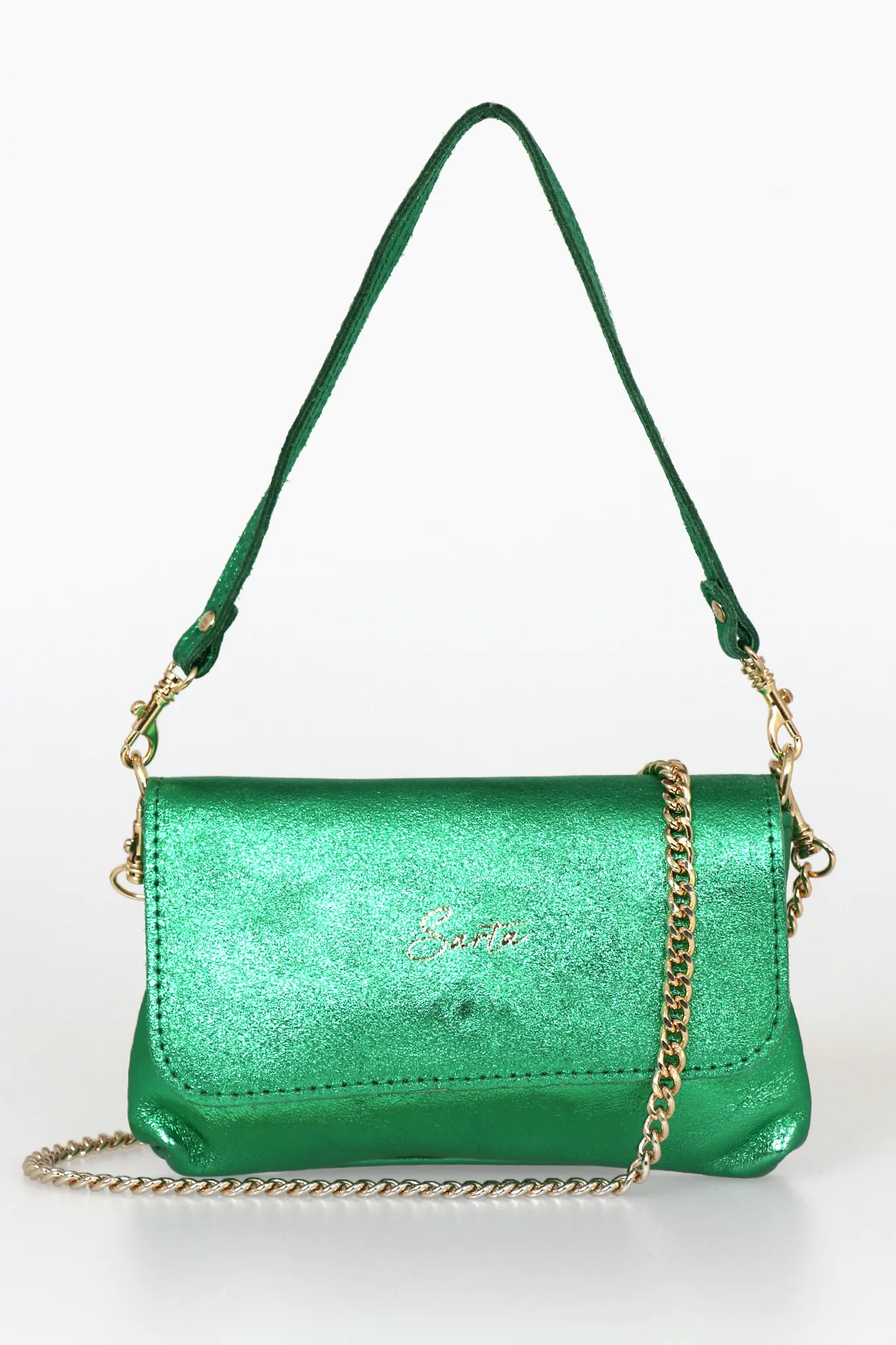 Olga - Italian Leather Mini Crossbody Bag - Bright Green, Metallic