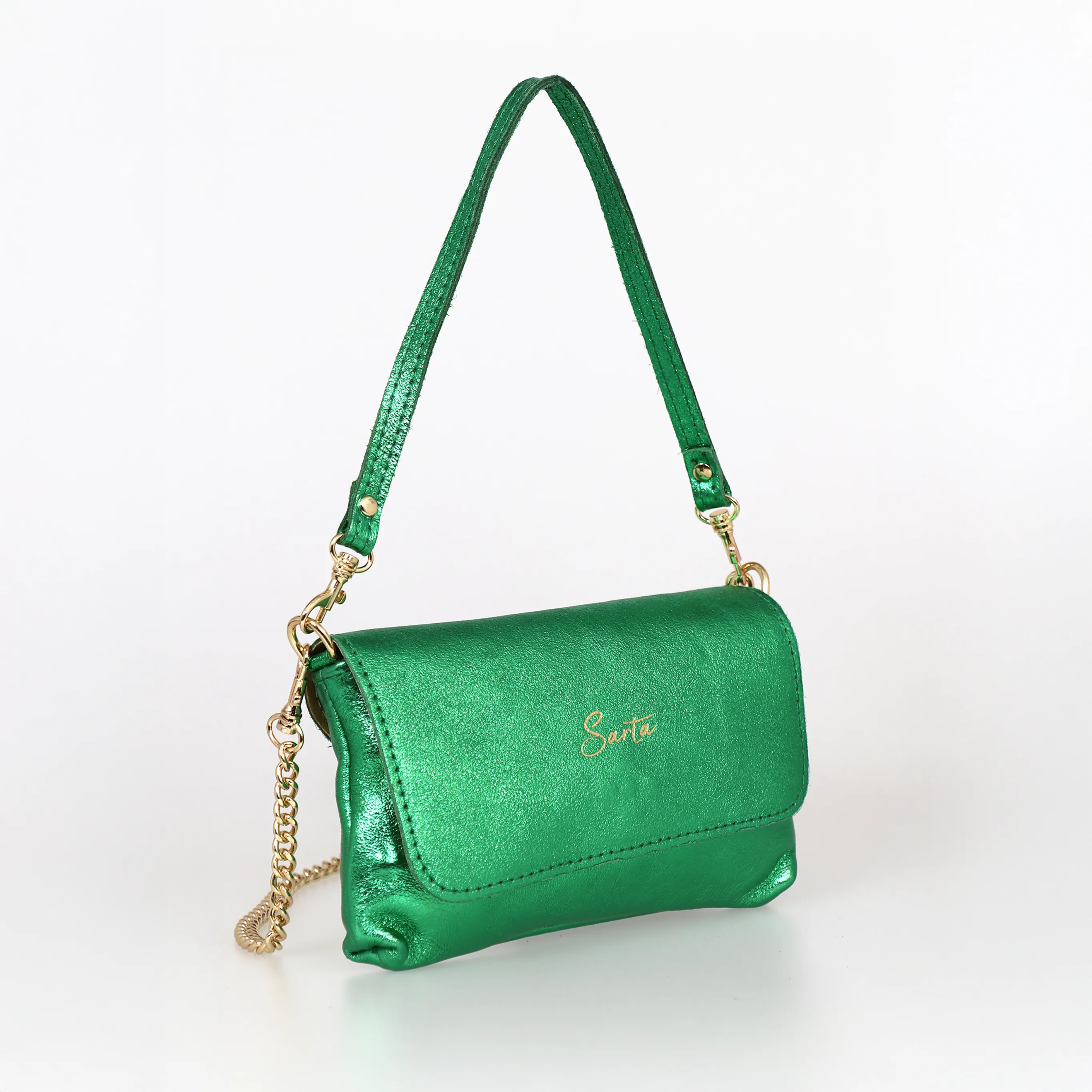 Olga - Italian Leather Mini Crossbody Bag - Bright Green, Metallic