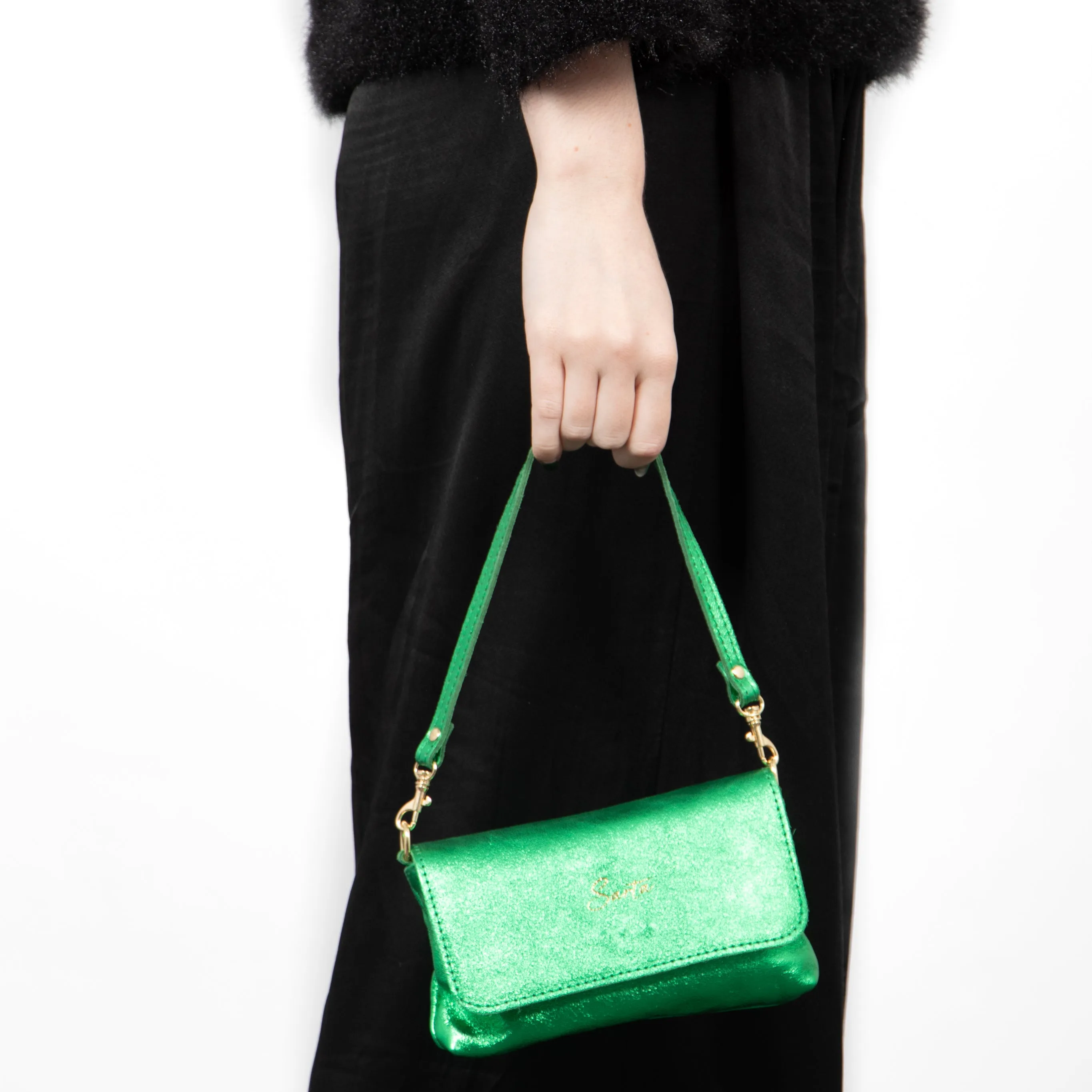 Olga - Italian Leather Mini Crossbody Bag - Bright Green, Metallic