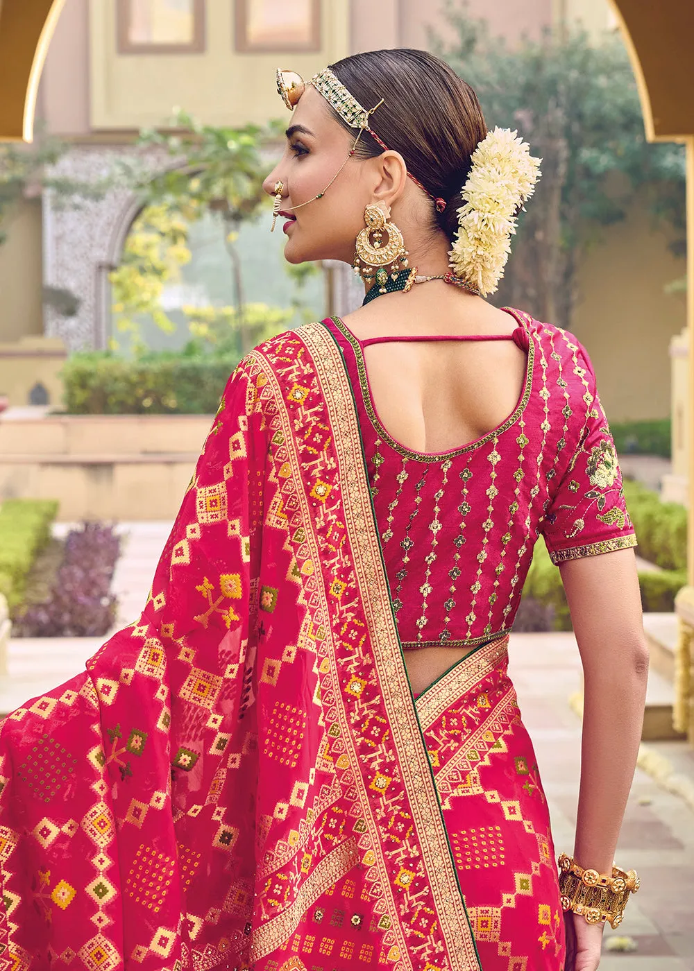 Pure Georgette Viscose Rani Pink Wedding Traditional Saree