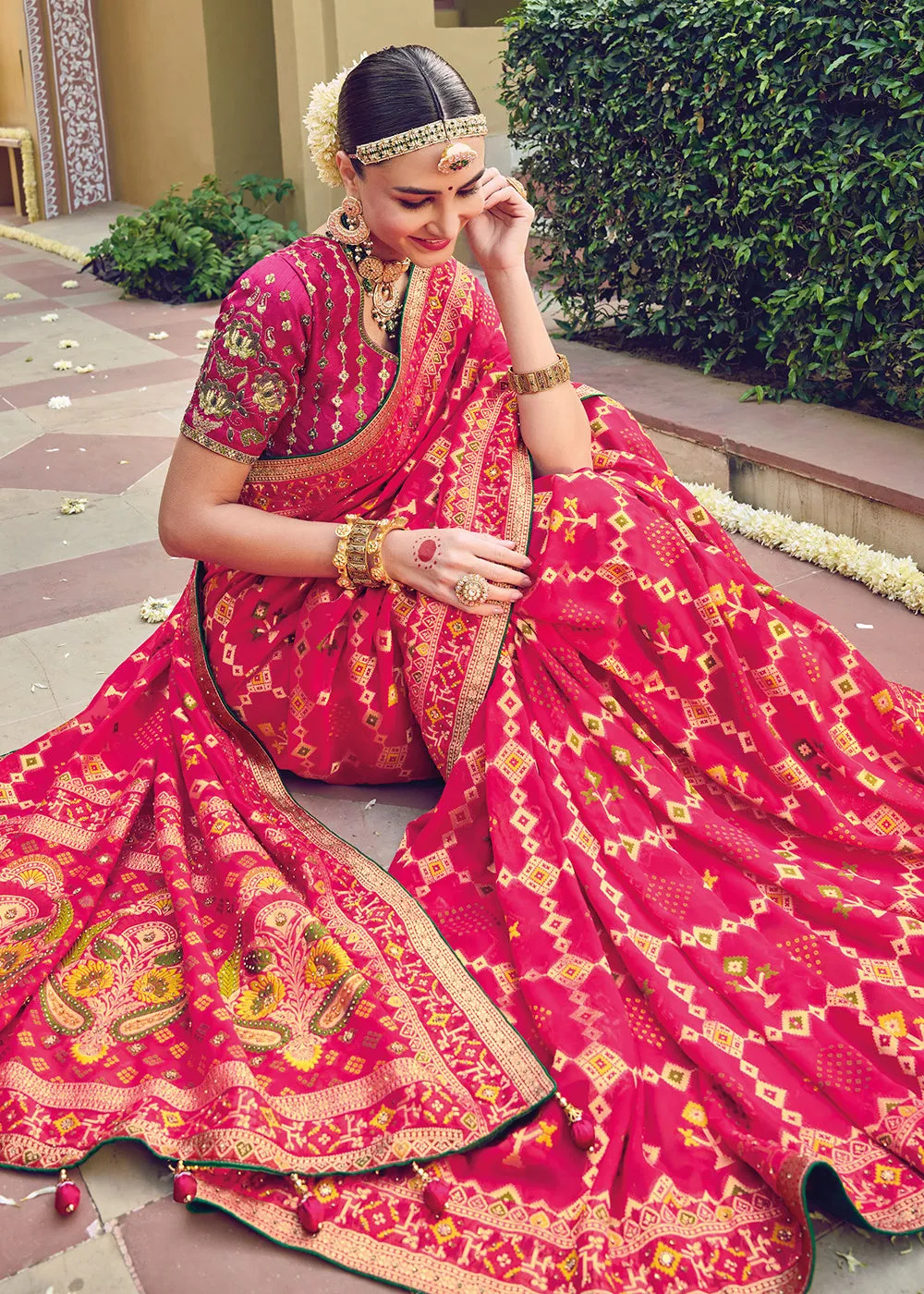 Pure Georgette Viscose Rani Pink Wedding Traditional Saree