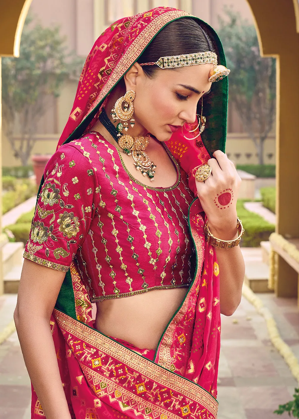 Pure Georgette Viscose Rani Pink Wedding Traditional Saree