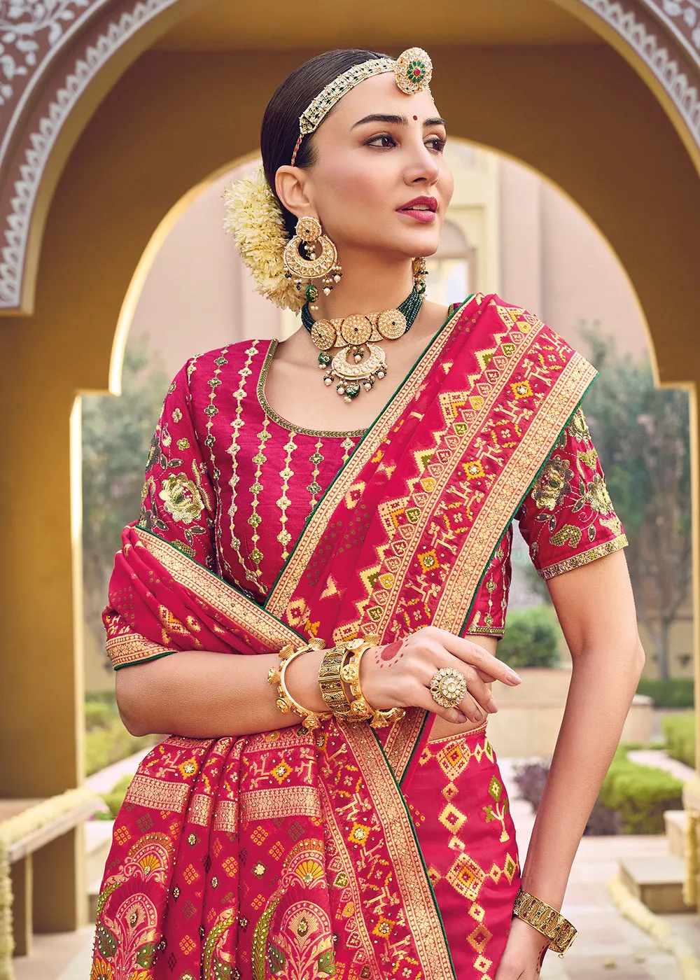 Pure Georgette Viscose Rani Pink Wedding Traditional Saree