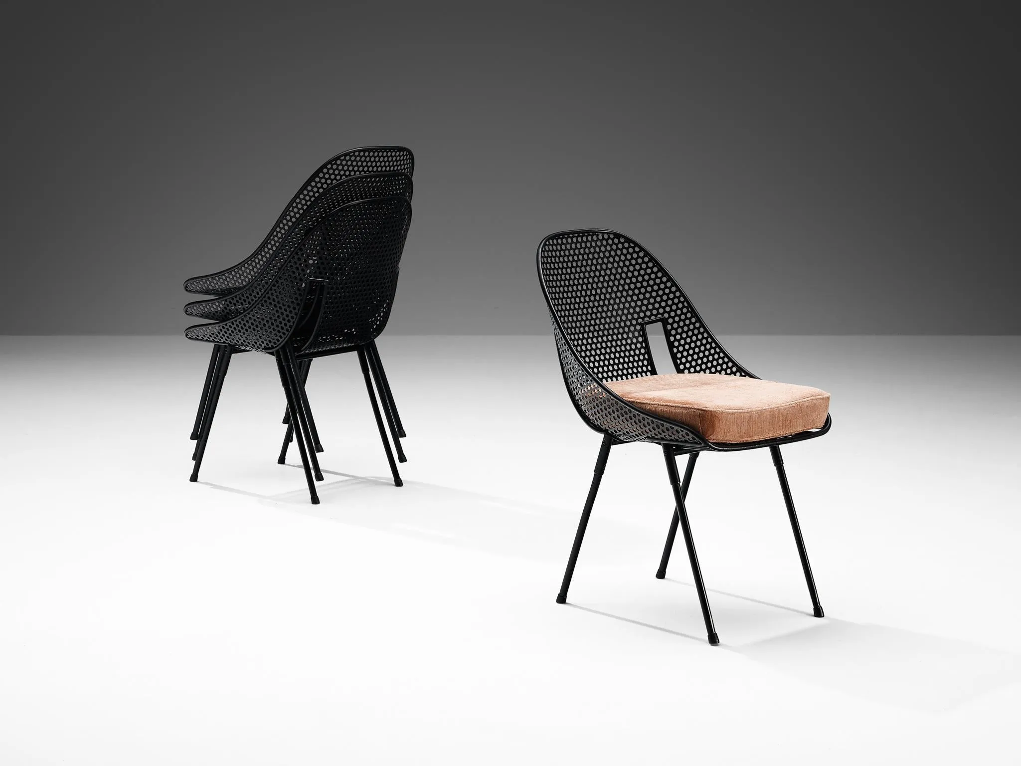 Rare Giuseppe De Vivo Set of Four Dining Chairs in Black Perforated Metal