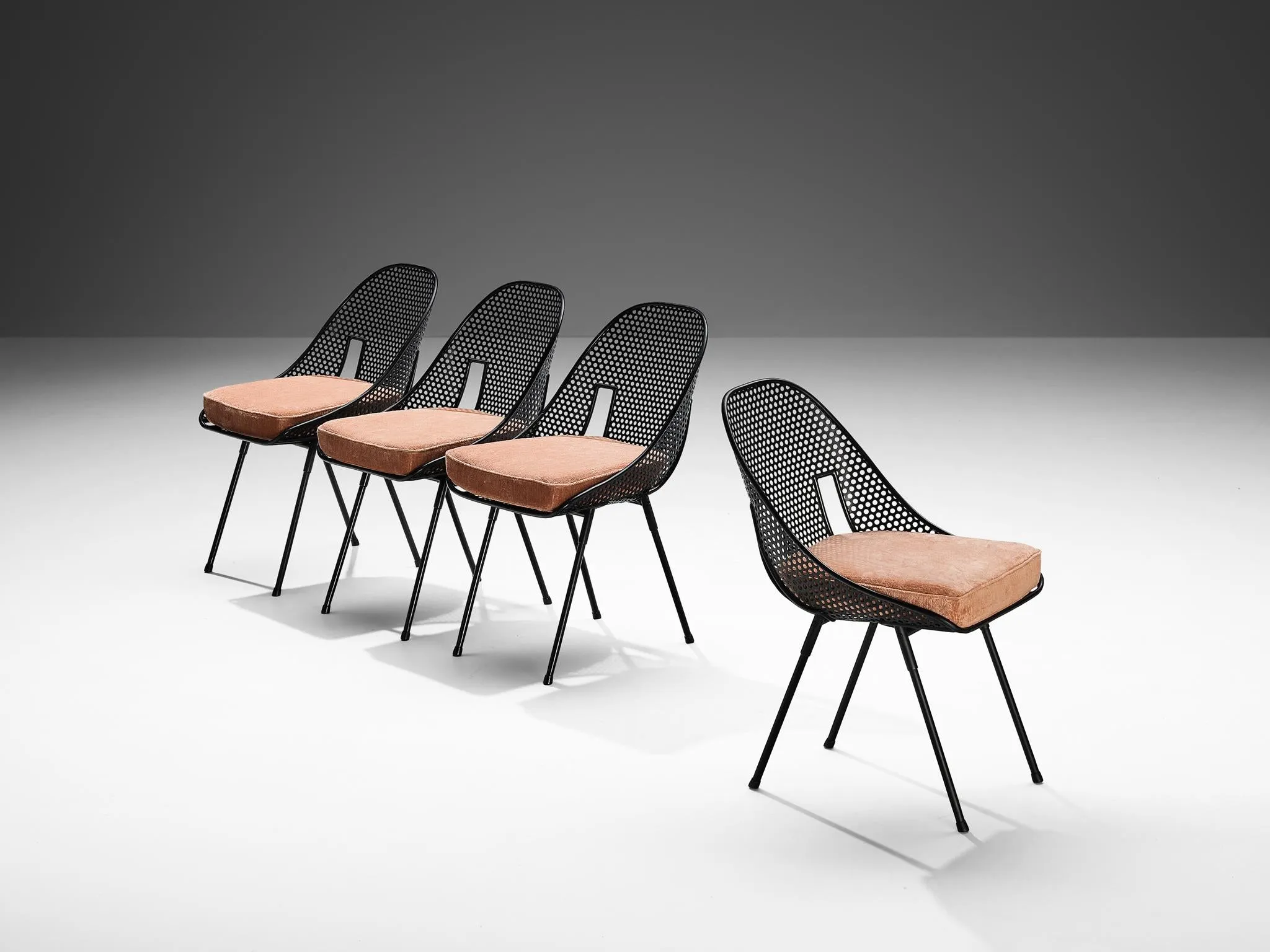 Rare Giuseppe De Vivo Set of Four Dining Chairs in Black Perforated Metal