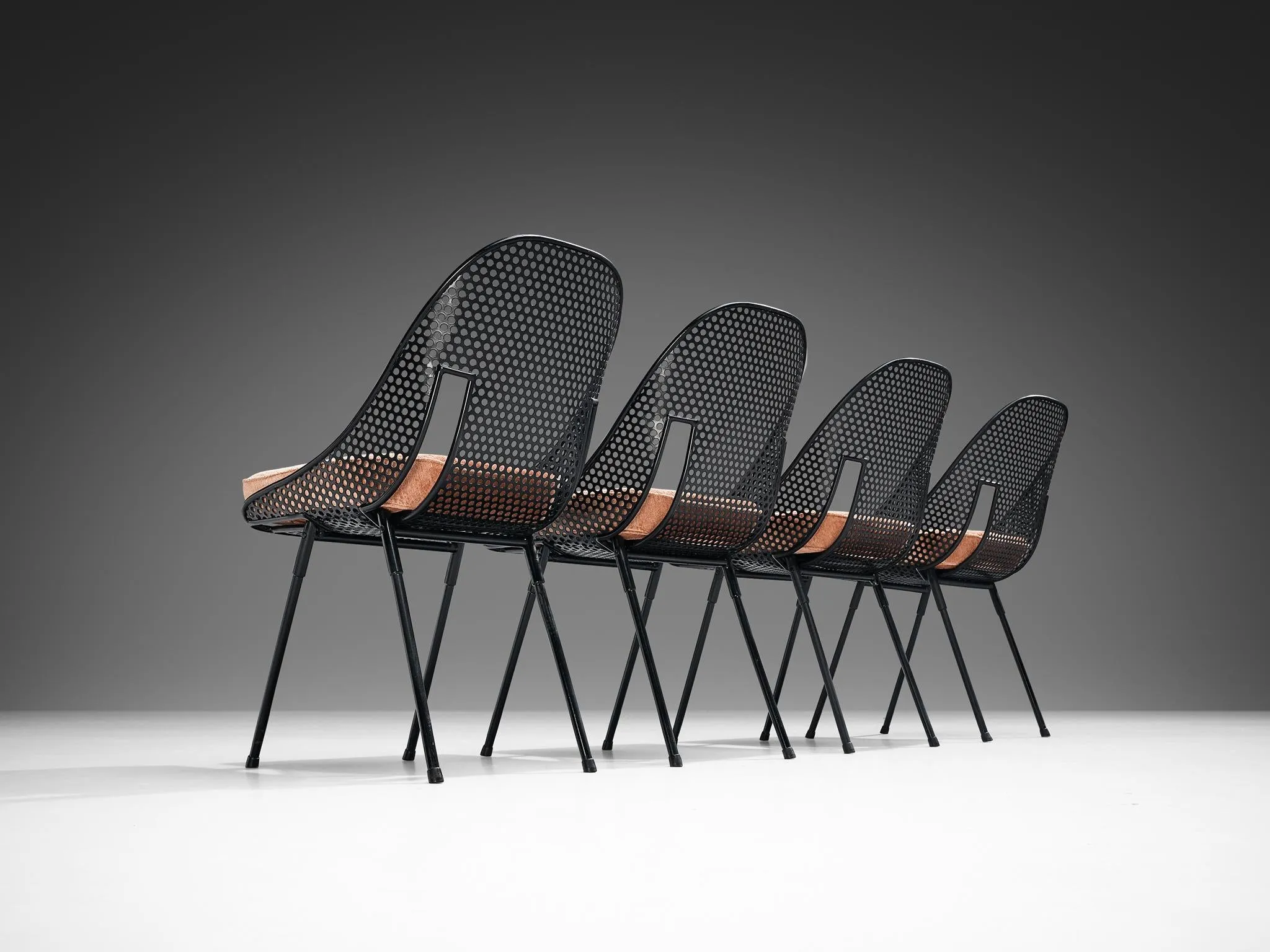 Rare Giuseppe De Vivo Set of Four Dining Chairs in Black Perforated Metal
