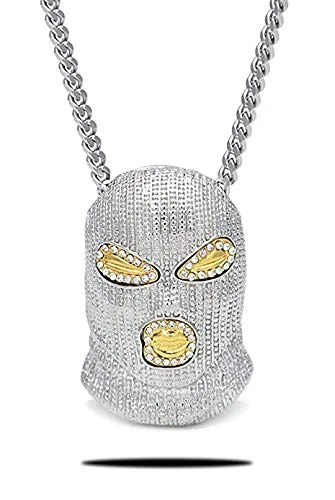 Ski Mask Chain Robber Necklace Simulated Diamond Chain Hip Hop Pendant Gun Money Bag Chain Silver Gold Color Metal Alloy 24in.