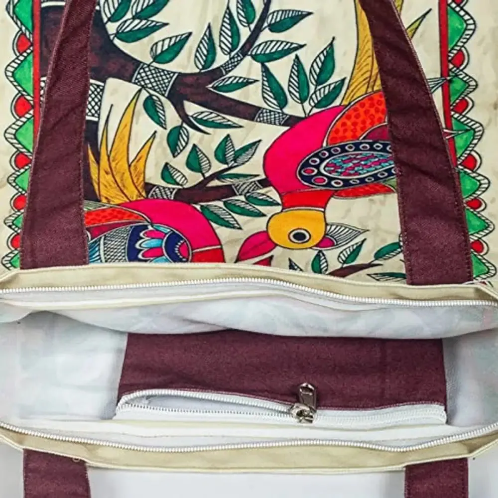 Tikuli Polyester Durable Canvas Large Size Printed Tote Bag for Women with ZIP (Beige-Multicolor)