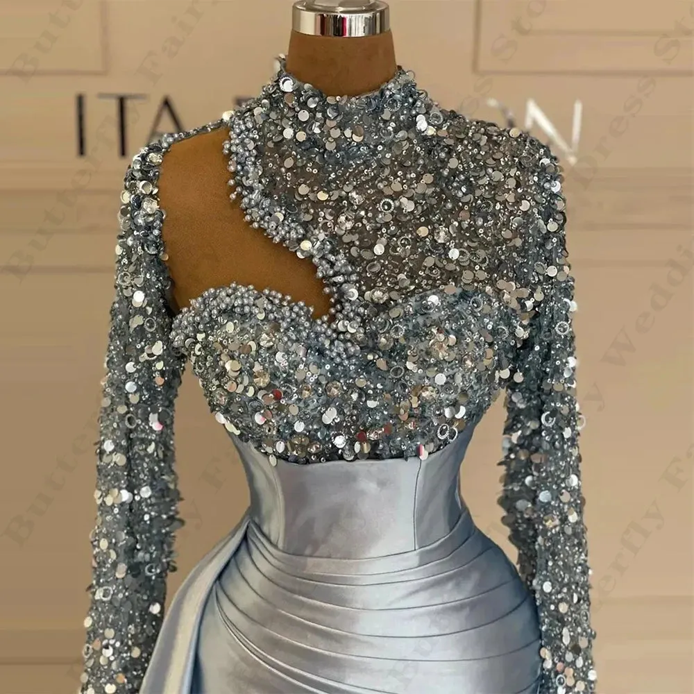 Wjczt Exquisite Fascinating Evening Dresses Gorgeous Beading Simple High Collar Fashion Long Sleeved High Split Prom Gowns For Women