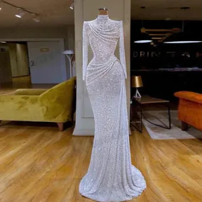Wjczt Pretty Sparkling Long Sleeved Luxurious Fascinating Women Evening Long Formal Party Wedding Guest Ceremony Elegant Gown Dresses