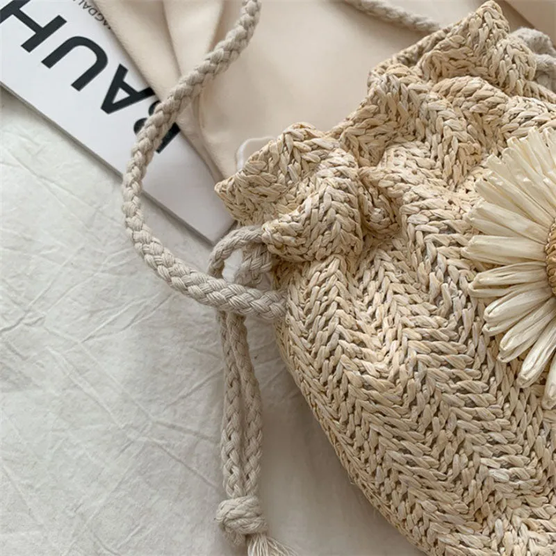 Women Fashion Drawstring Sunflower Straw Bag Shoulder Bag