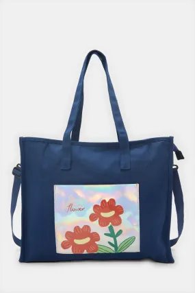 Women Navy Embellished Shopper Bag