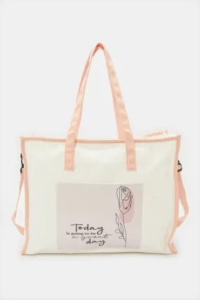 Women White And Pink Printed Shopper Bag