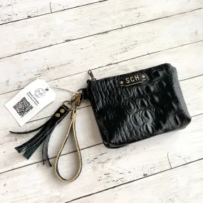 Wristlet in Black Crocodile Embossed Leather